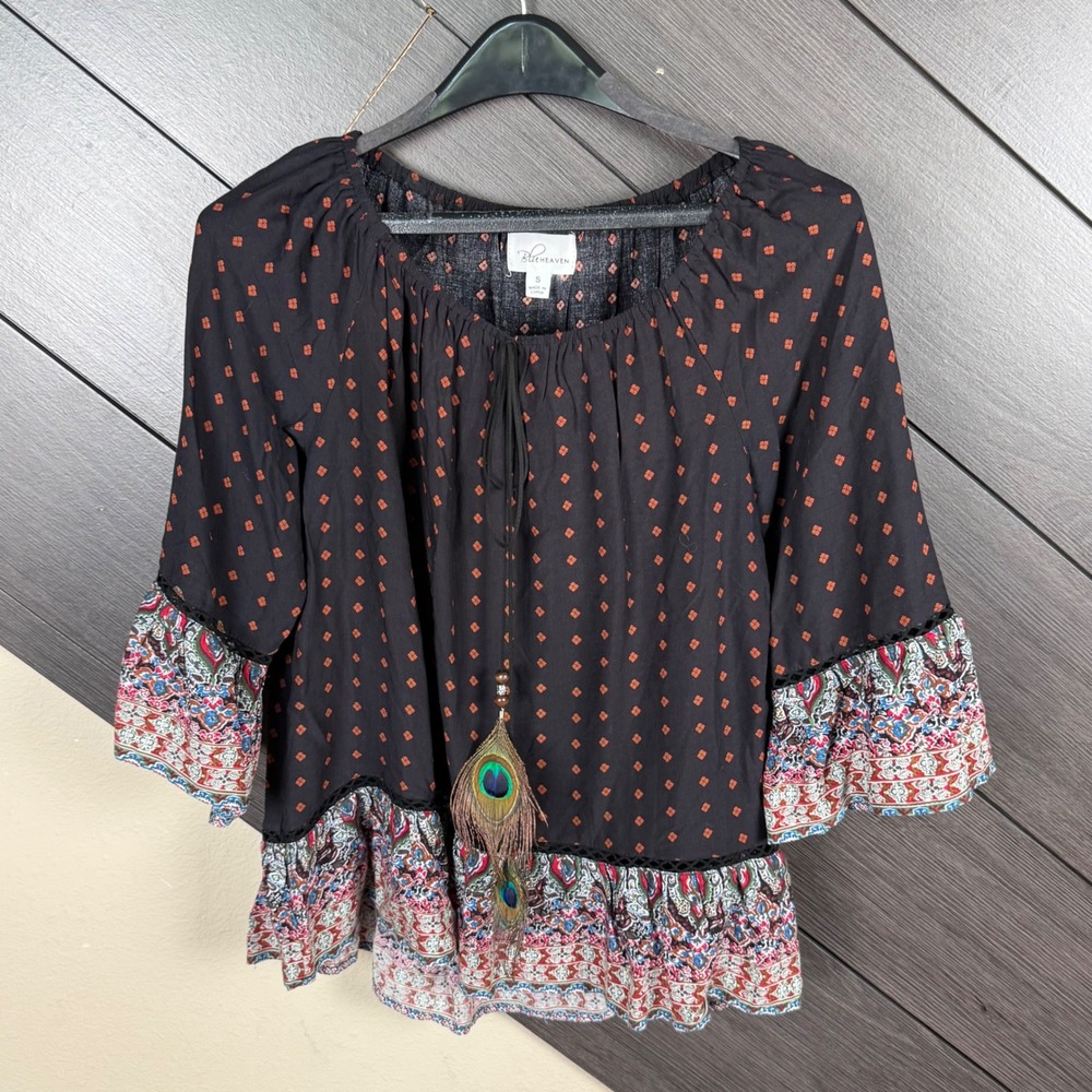 Blu Heaven Women's Boho Peasant Blouse Small Black Paisley Bell Sleeve Peacock